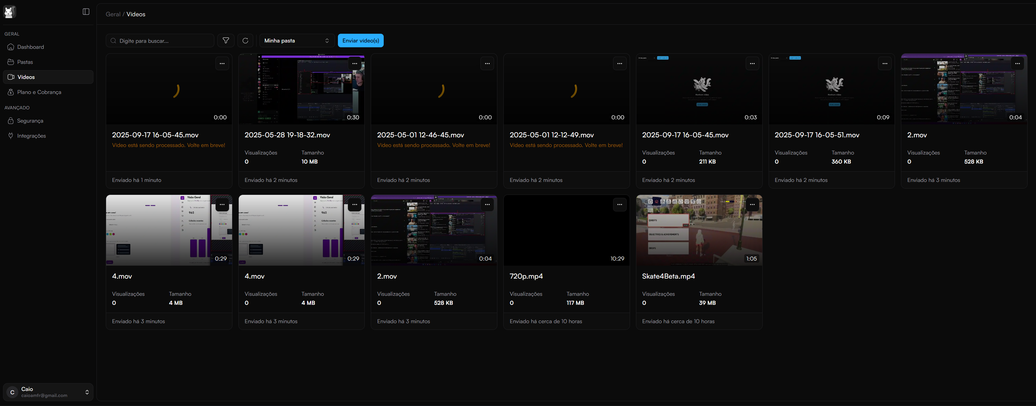 Dashboard de vídeos